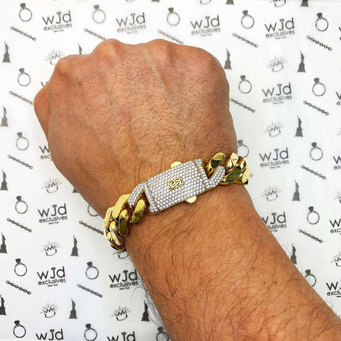 10K Gold CZ Box Clasp 15mm Miami Monaco Bracelet (Hollow) 8.5"