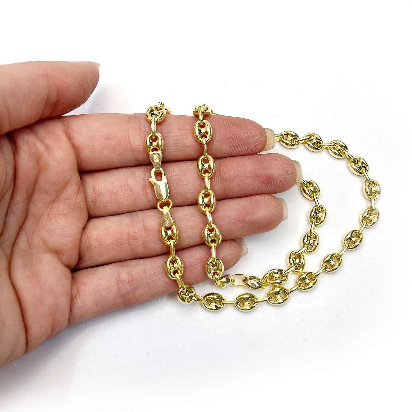 18K Yellow Gold Over Silver 6mm Puffed Anchor Mariner Chain Necklace 16"-24"
