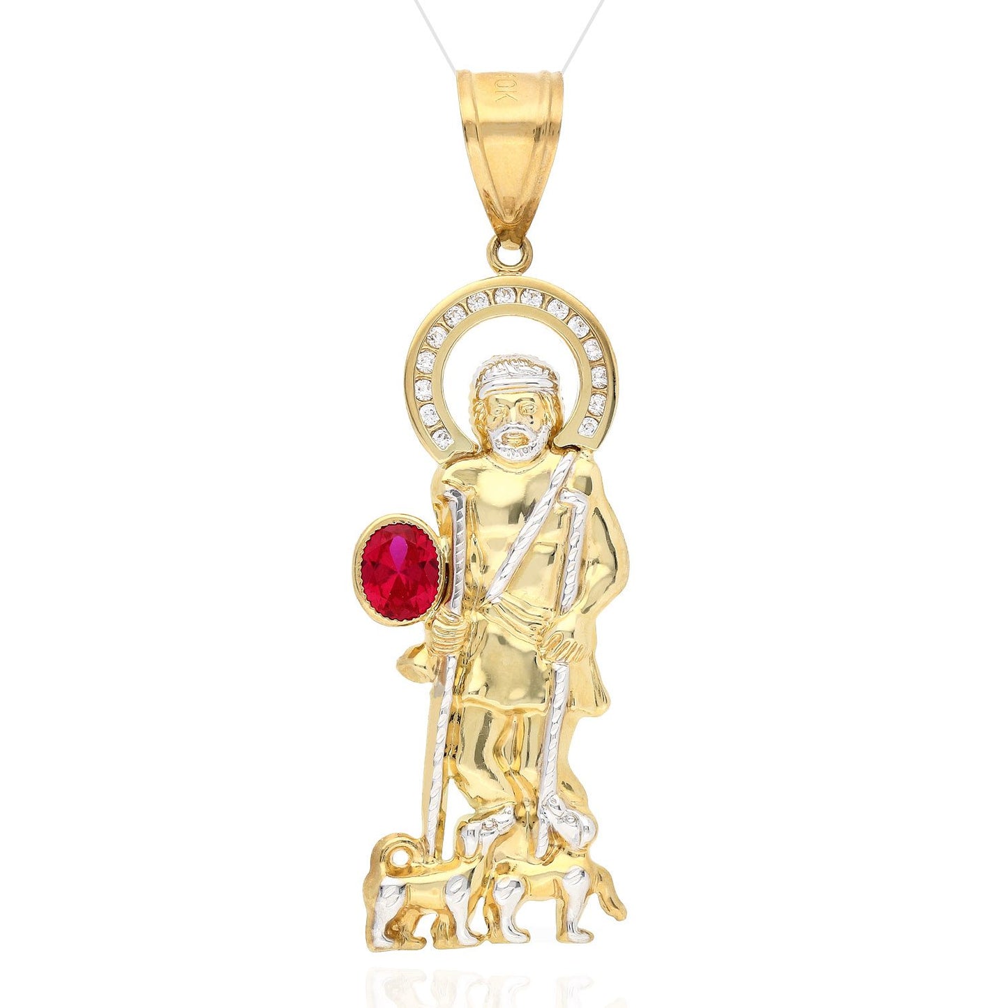 10K Yellow Gold White Zirconia And Red Ruby Saint Lazare Charm Pendant