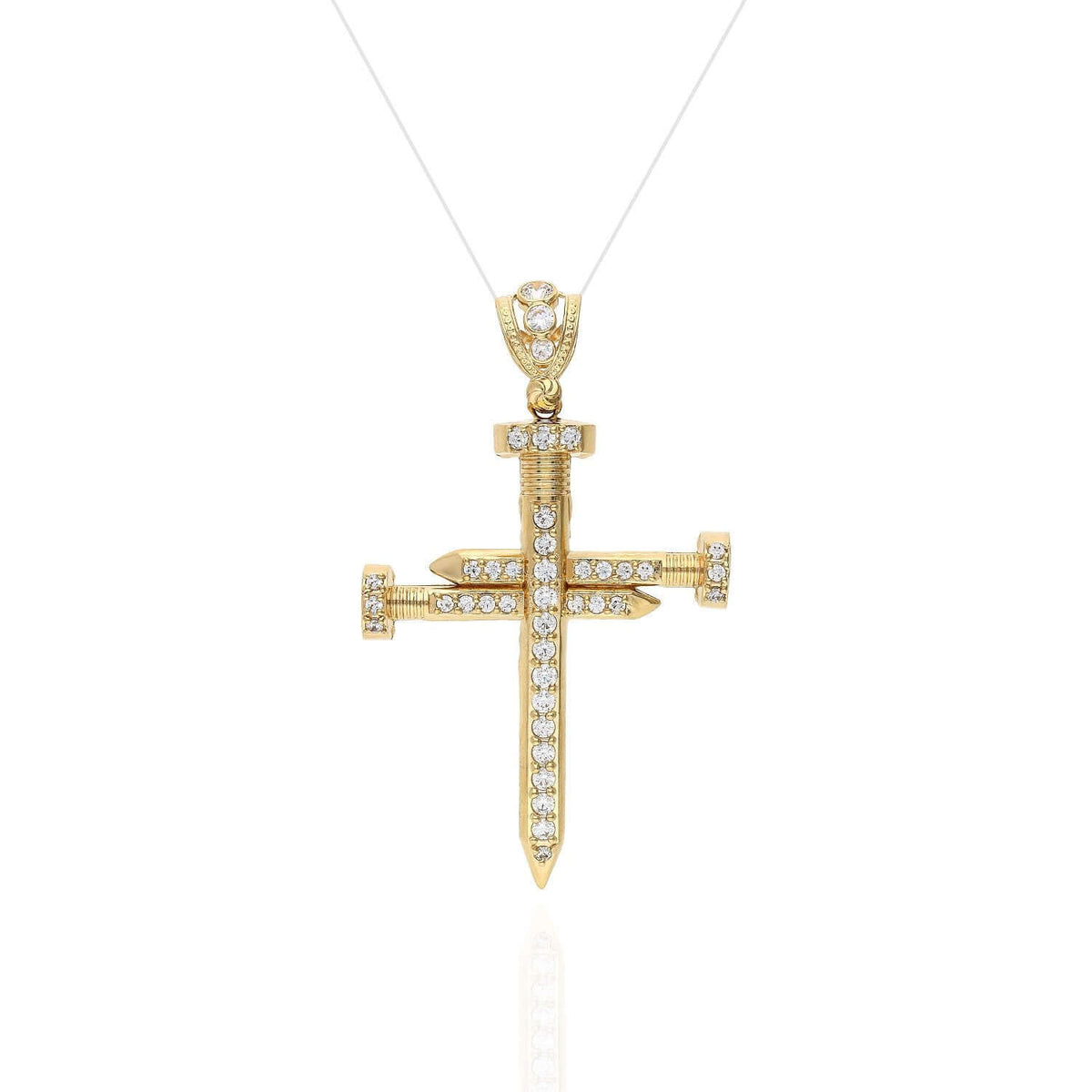 Solid 14K Yellow Gold CZ Nail Cross Pendant 1.9"-2.8"