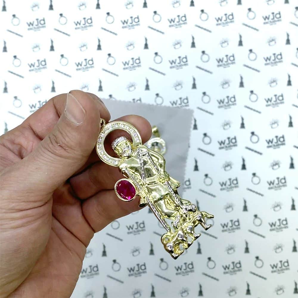 10K Yellow Gold White Zirconia And Red Ruby Saint Lazare Charm Pendant