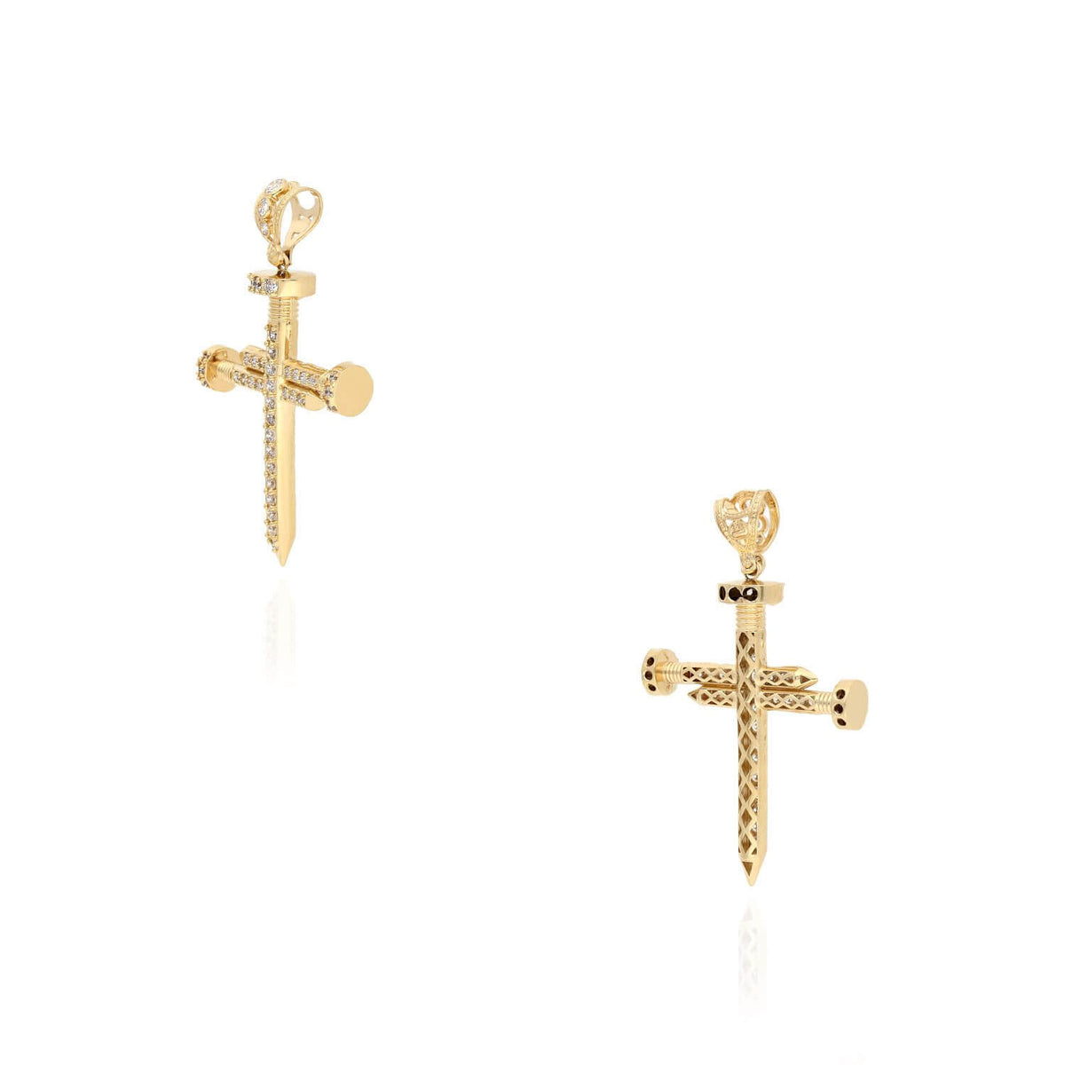 Solid 14K Yellow Gold CZ Nail Cross Pendant 1.9"-2.8"