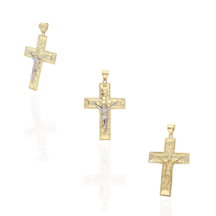 10K Yellow White Two Tone Gold Religious Jesus Crucifix Nugget Cross Pendant
