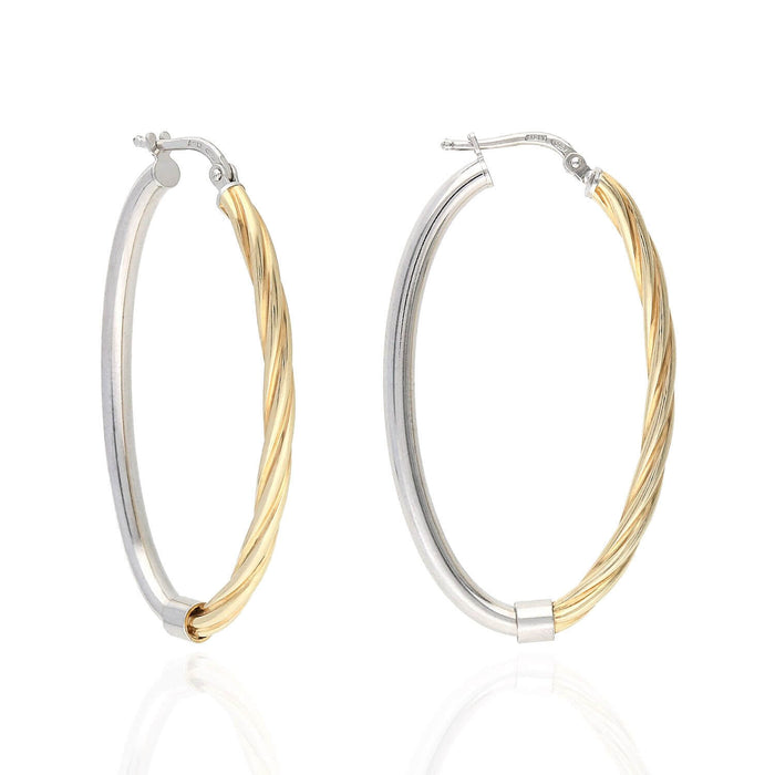 Yellow White Gold Over 925 Silver Shiny Half Twisted Oval Hoop Earrings