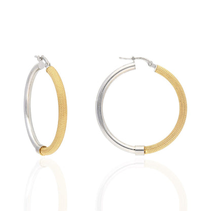 Yellow White Gold Over Silver 3mm Half Mesh Half Shiny Hoop Earrings