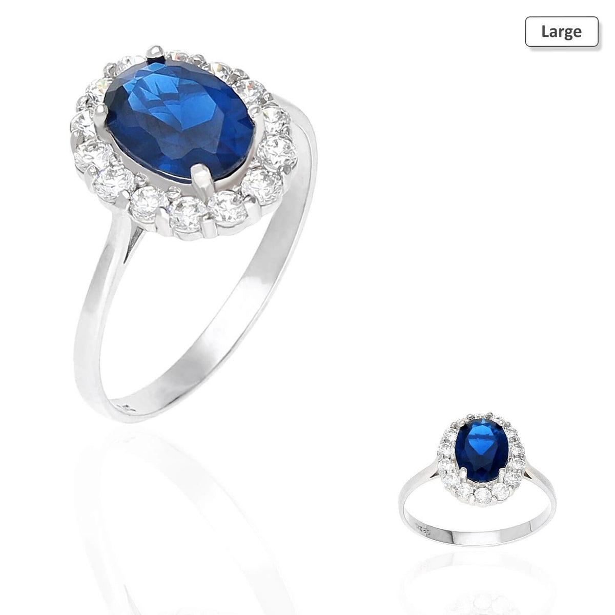 14k Gold White Oval Blue Round CZ Engagement Halo Ring