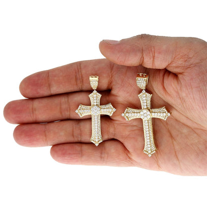 14k Solid Yellow Gold CZ Religious Cross Pendant 2.4", 2"