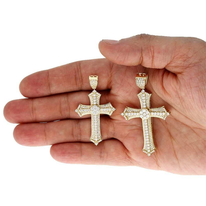 14K Yellow Gold CZ Religious Cross Pendant 2.4", 2"