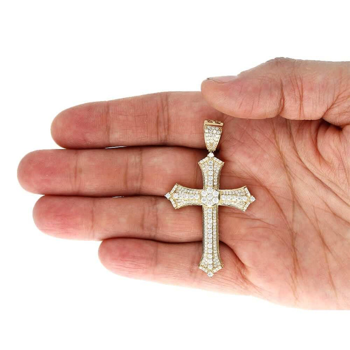 14K Yellow Gold CZ Religious Cross Pendant 2.4", 2"
