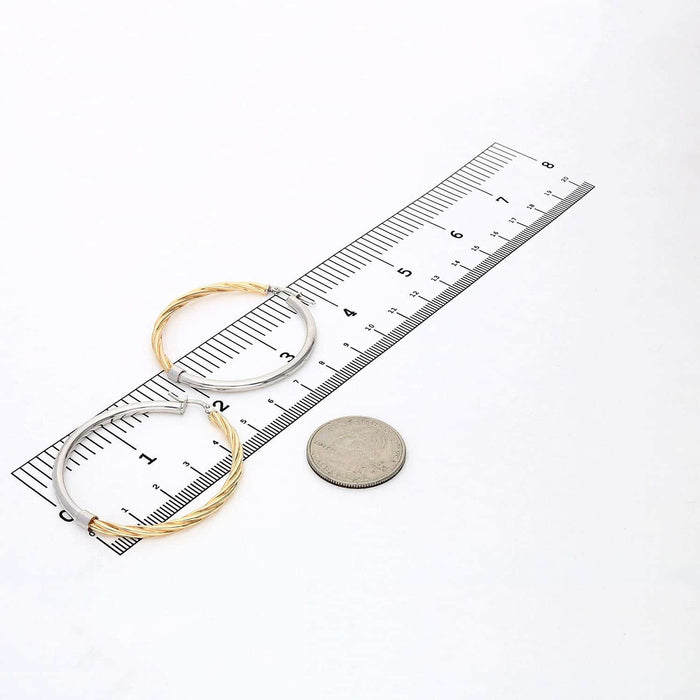 Yellow White Gold Over 925 Silver 3mm Half Shiny Half Twisted Hoop Earrings