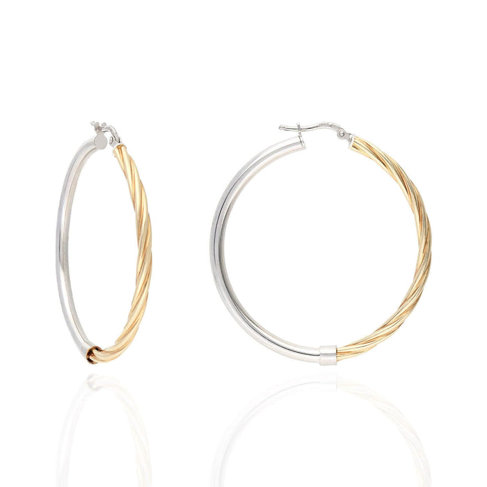 Yellow White Gold Over 925 Silver 3mm Half Shiny Half Twisted Hoop Earrings