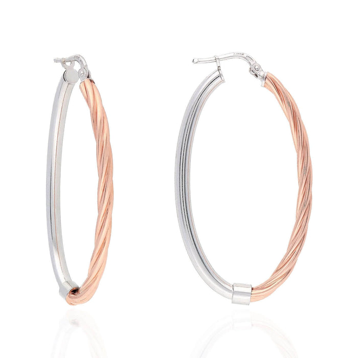 White Rose Gold Tone Over 925 Silver Half Shiny Half Twisted Oval Hoop Earrings