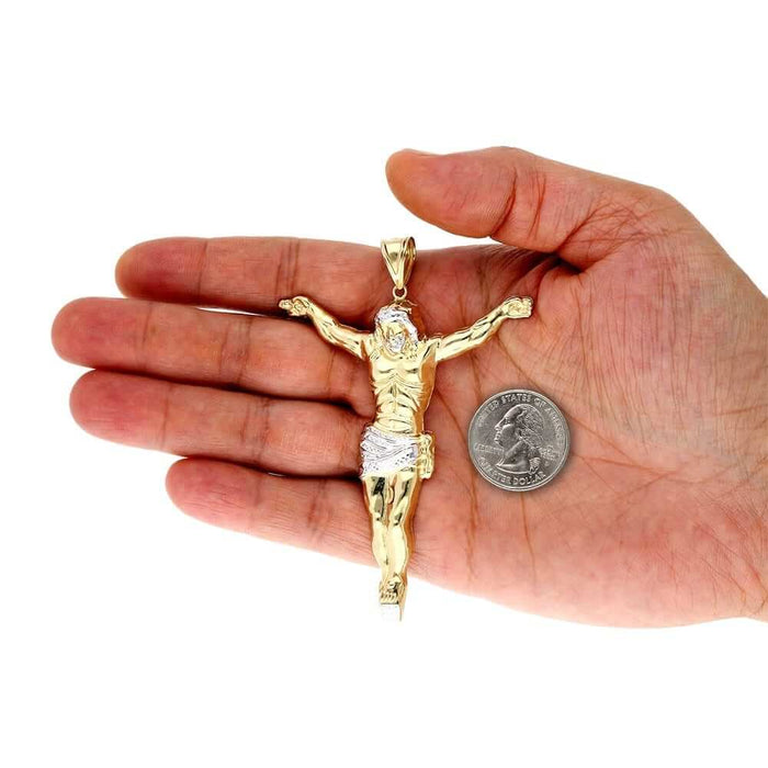 10K Gold Two-Tone Yellow White Gold Jesus Crucifix Pendant 1.57"-3.62"