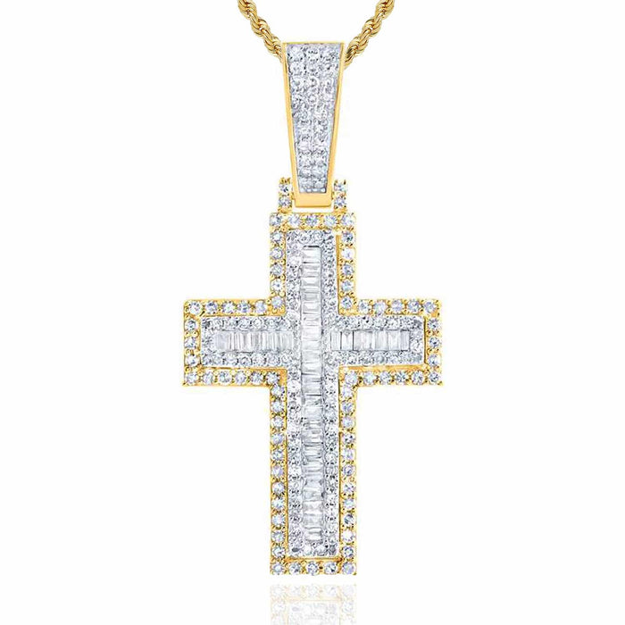 Natural Diamond Round Baguette 10K Yellow Gold Cross Pendant 1.2" - 1.8" - WJD Exclusives