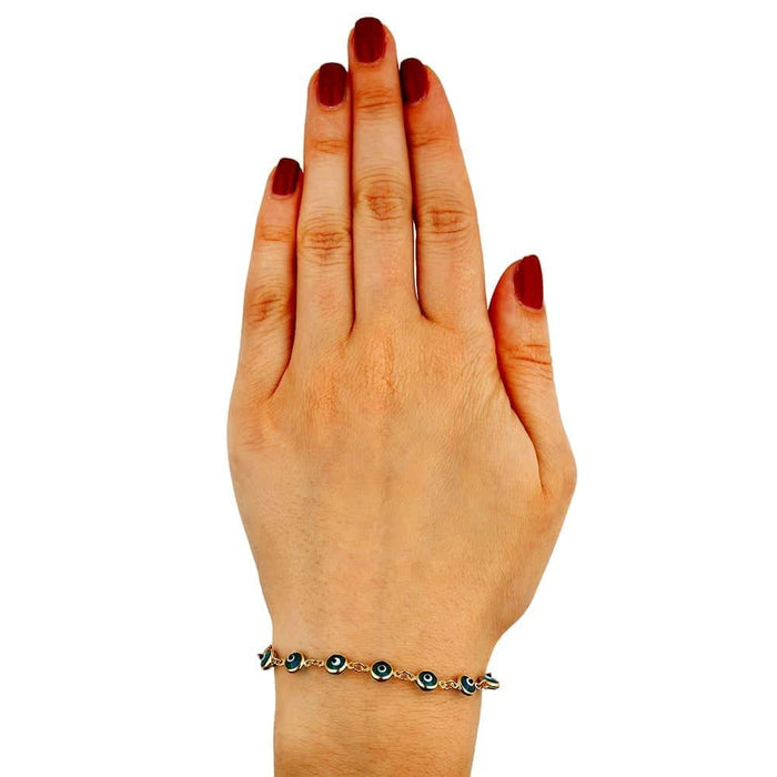 14K Yellow Gold Bezel Evil Eye Popcorn Bracelet 7"