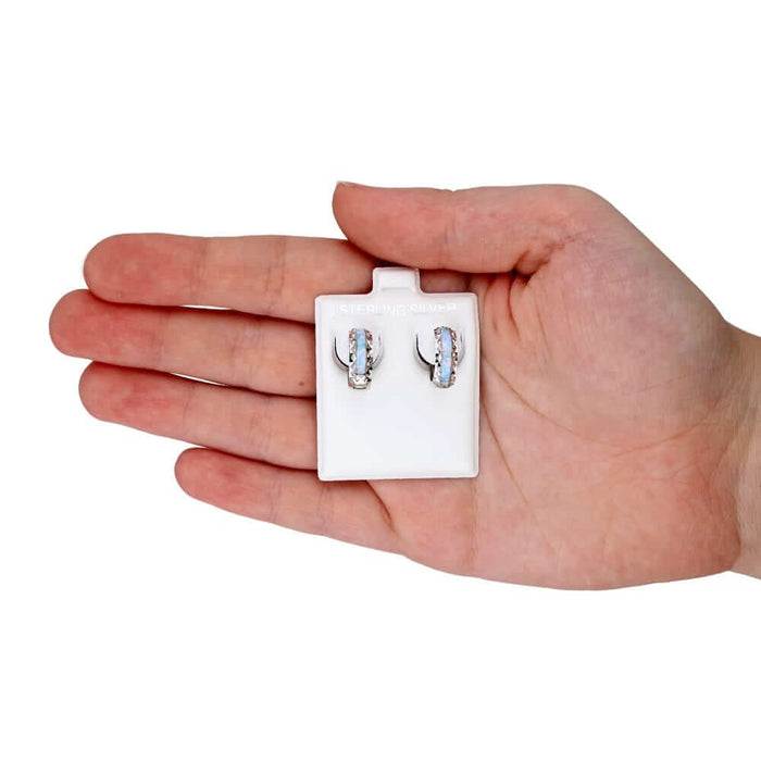 925 Sterling Silver Diamond-Cut Fire Opal Huggie Hoop Earrings 0.55"