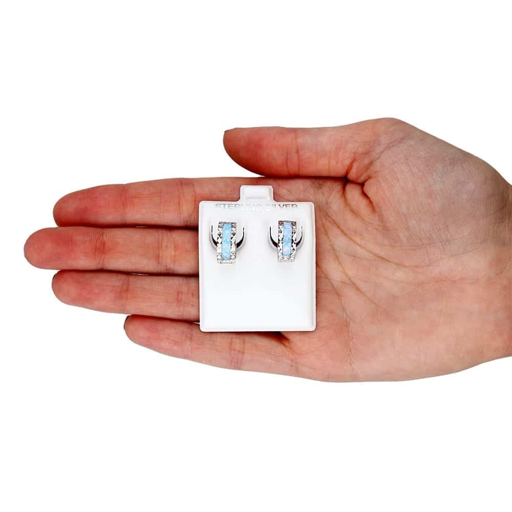 14k White Gold Diamond Cut Fire Opal Huggie Hoop Earrings 0.5"
