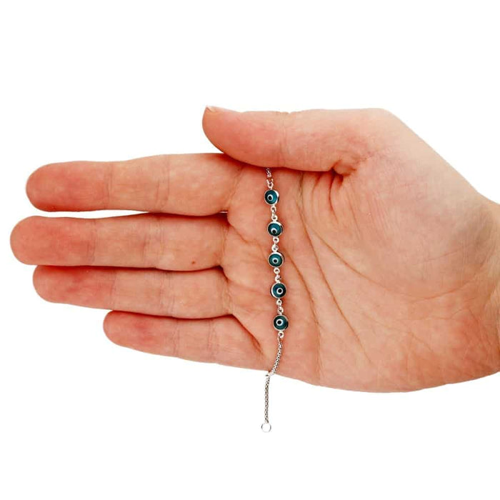14K White Gold Adjustable Bezel Evil Eye Kid Bracelet 5"-6" Adjustable