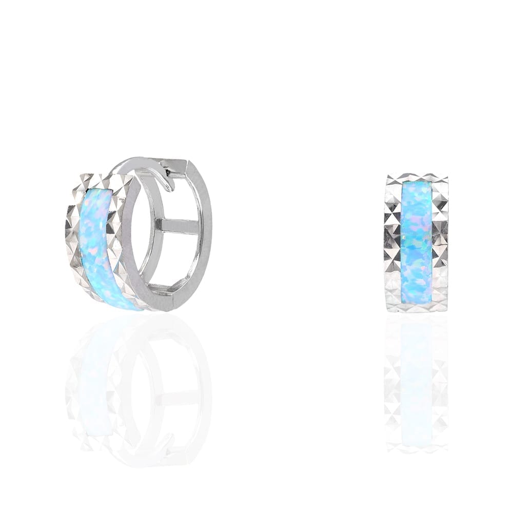 14k White Gold Diamond Cut Fire Opal Huggie Hoop Earrings 0.5"