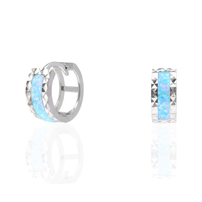 14k White Gold Diamond Cut Fire Opal Huggie Hoop Earrings 0.5"