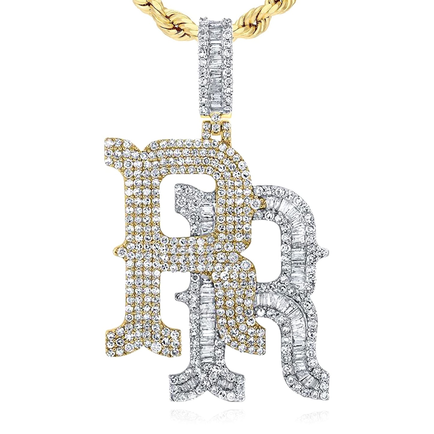 3CTW Real Diamond Round Baguette 10K Yellow White Gold "RR" Pendant 1.8"