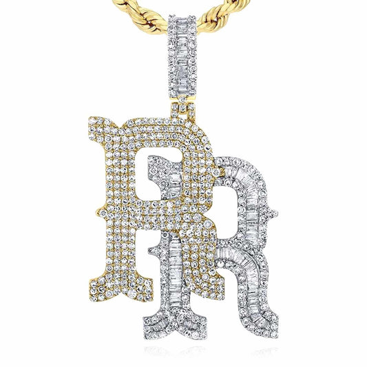 3CTW Real Diamond Round Baguette 10K Yellow White Gold "RR" Pendant 1.8"