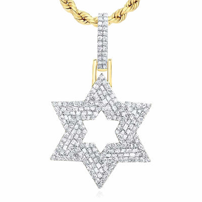 1.00CTW Natural Diamond 10K Yellow Gold Baguette Star of David Pendant 1.3" - WJD Exclusives