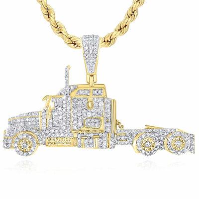 0.85CTW Natural Diamond 10K Gold Semi Trailer Truck Pendant 1" - WJD Exclusives