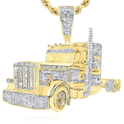 0.85CTW Natural Diamond 10K Yellow Gold Frontal Semi Trailer Truck Pendant 1.5" - WJD Exclusives