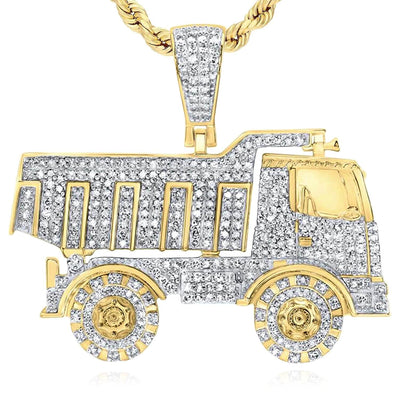 1.20CTW Natural Diamond 10K Yellow Gold Dump Truck Pendant 1.4" - WJD Exclusives