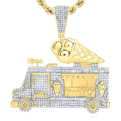 1.85CTW Natural Diamond 10K Yellow Gold Ice Cream Truck Pendant 2.1" - WJD Exclusives