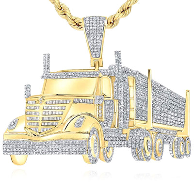 2.50CTW Natural Diamond 10K Yellow Gold Frontal Semi Trailer Truck Pendant 1.9" - WJD Exclusives