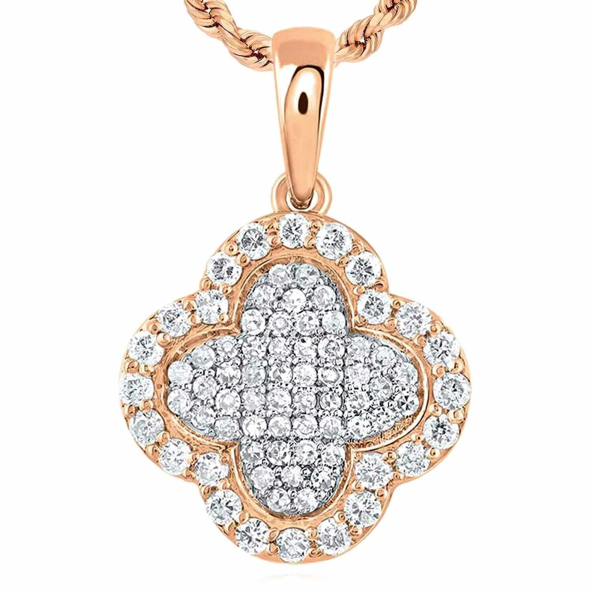0.25CTW Natural Diamond 10K Gold Yellow White Rose Cluster Clover Pendant 0.65” - WJD Exclusives