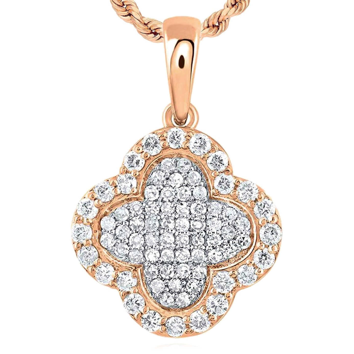 0.25CTW Real Diamond 10K Gold Yellow White Rose Cluster Clover Pendant 0.65”
