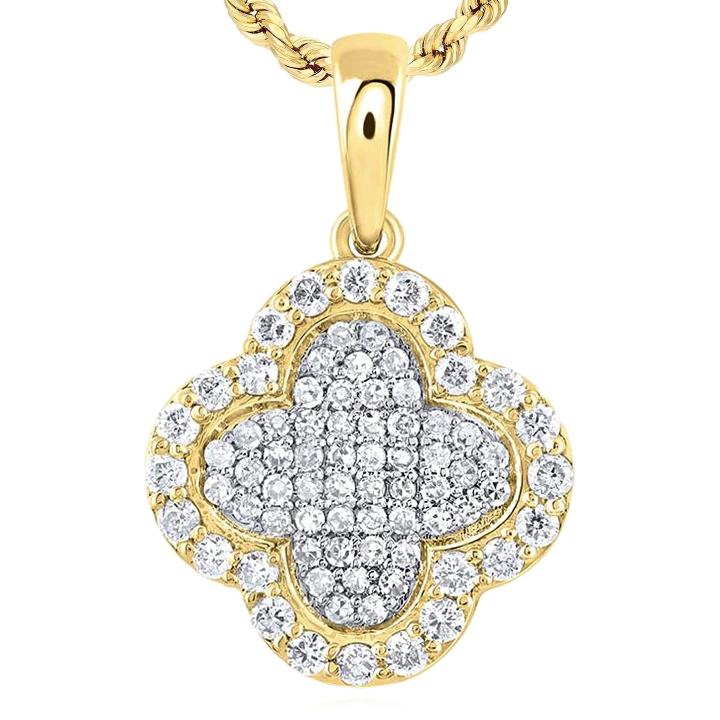 0.25CTW Real Diamond 10K Gold Yellow White Rose Cluster Clover Pendant 0.65”