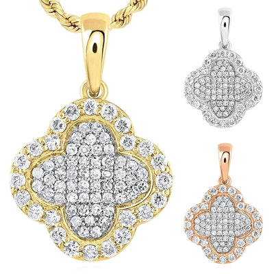 0.25CTW Natural Diamond 10K Gold Yellow White Rose Cluster Clover Pendant 0.65” - WJD Exclusives
