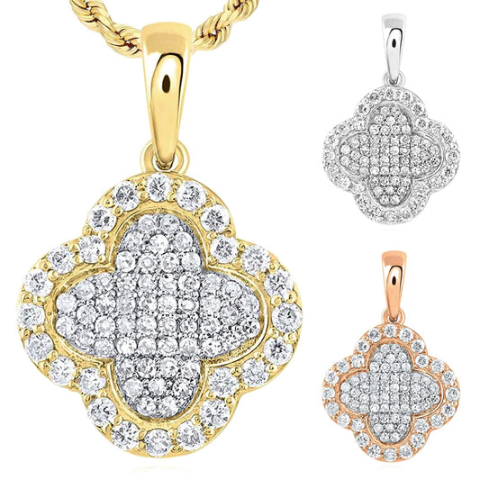 0.25CTW Real Diamond 10K Gold Yellow White Rose Cluster Clover Pendant 0.65”