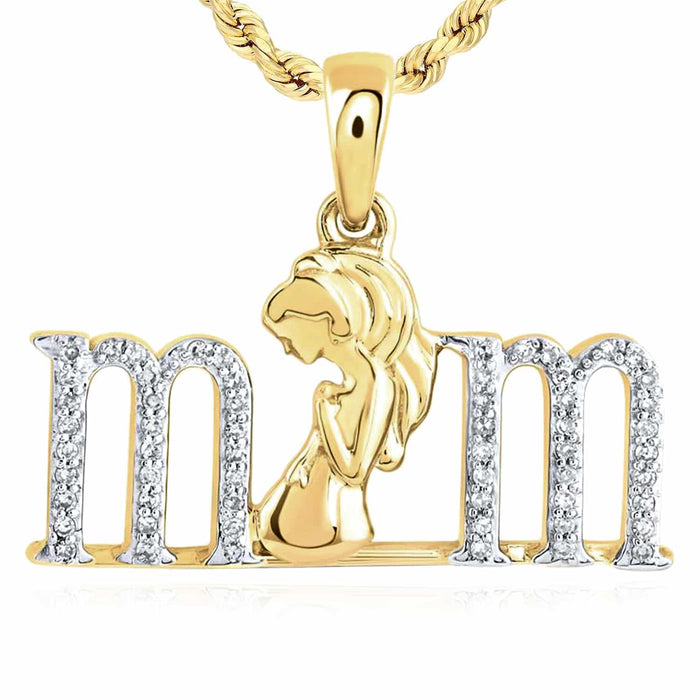 0.12CTW Natural Diamond 10K Gold Yellow Rose "mom" Expecting Pendant 0.69" - WJD Exclusives