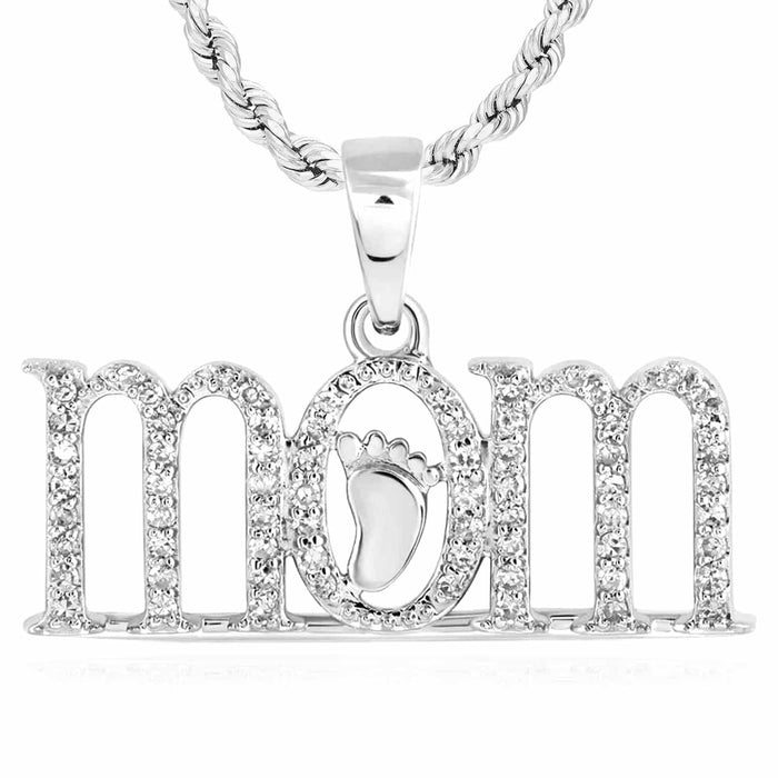 0.20CTW Natural Diamond 10K Gold Yellow White Baby Foot "mom" Pendant 0.6" - WJD Exclusives