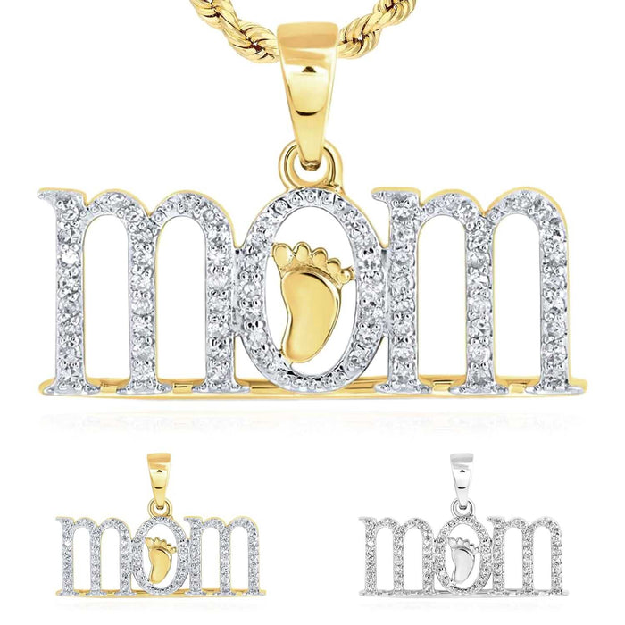 0.20CTW Natural Diamond 10K Gold Yellow White Baby Foot "mom" Pendant 0.6" - WJD Exclusives