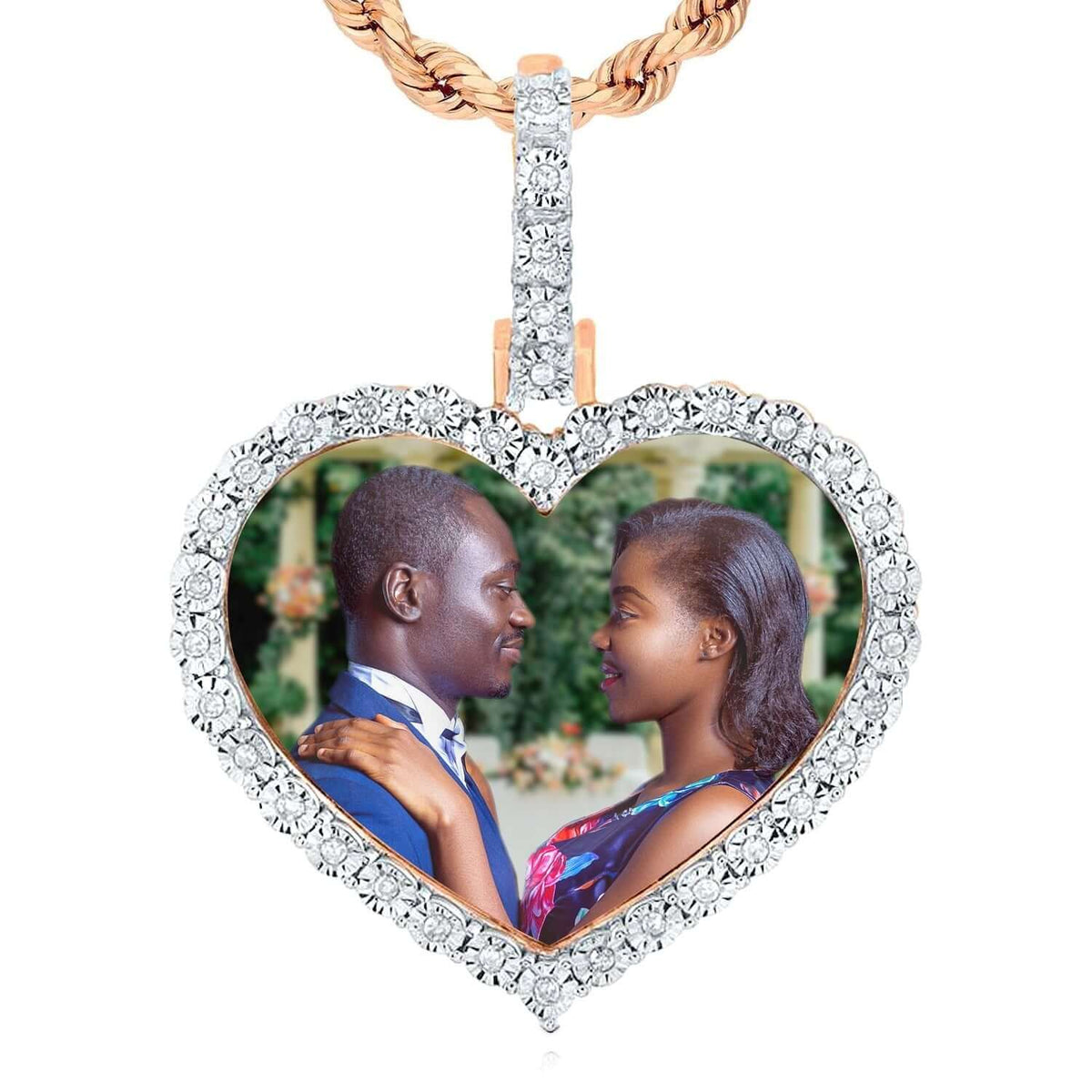 0.10CTW Natural Diamond 10K Gold White Rose Heart Memory Picture Pendant 1.2" - WJD Exclusives