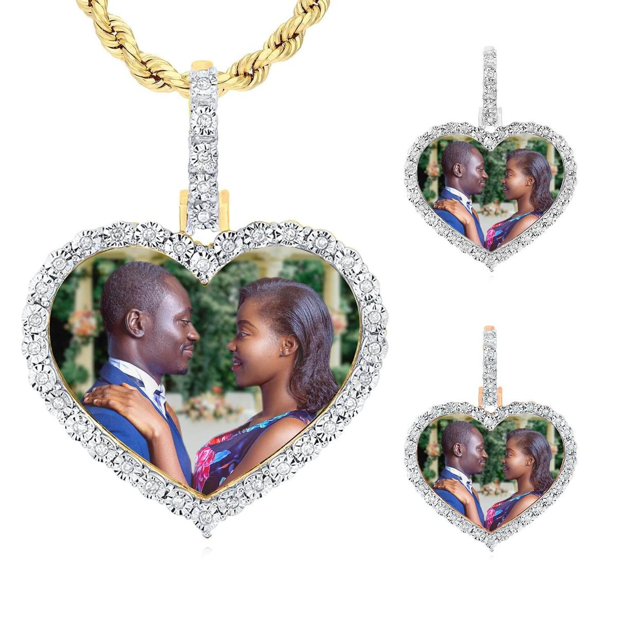 0.10CTW Natural Diamond 10K Gold White Rose Heart Memory Picture Pendant 1.2" - WJD Exclusives