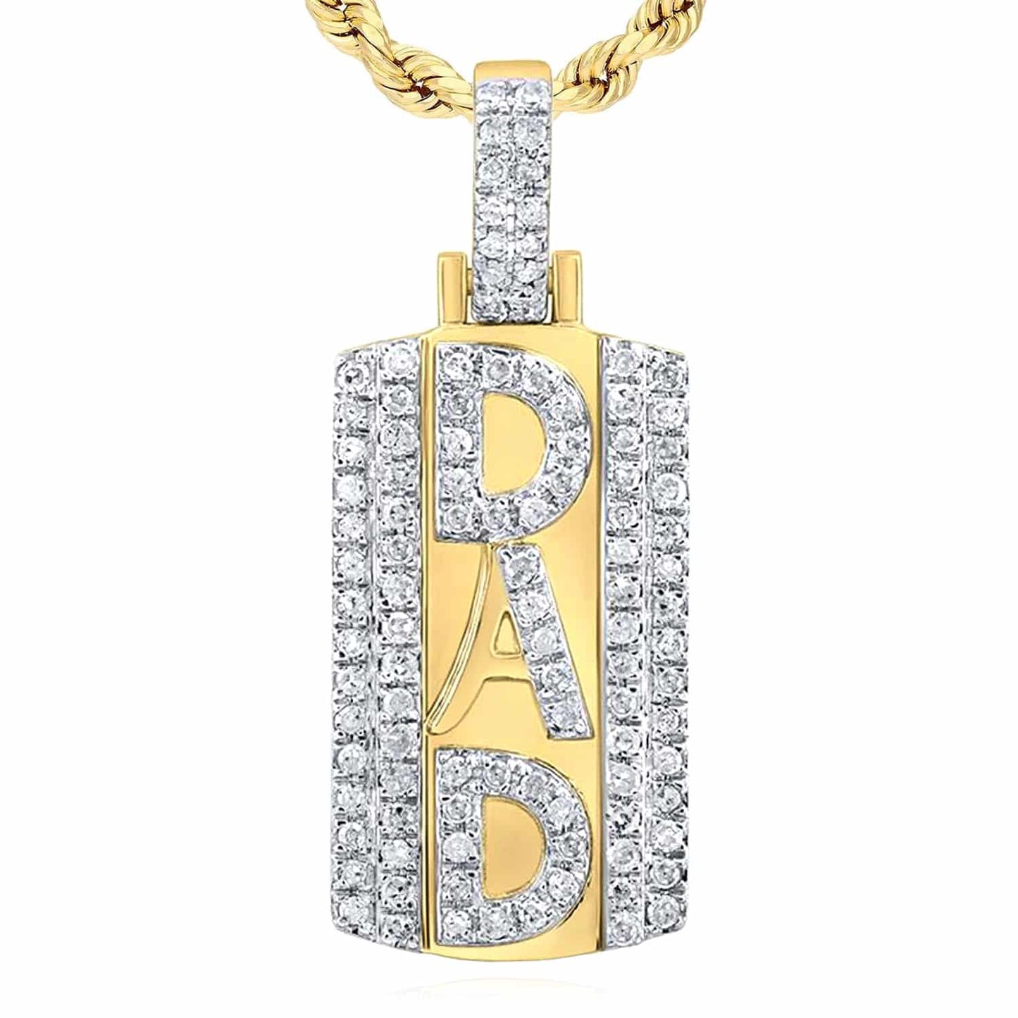 0.32CTW Real Diamond 10K Yellow Gold DAD Dog Tag Pendant 0.9"
