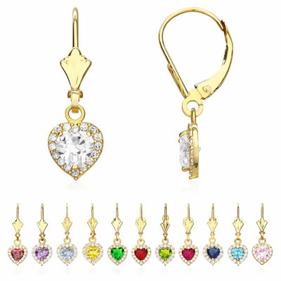 14K Yellow Gold 1Ct CZ Birthstone Heart Dangle Leverback Earrings