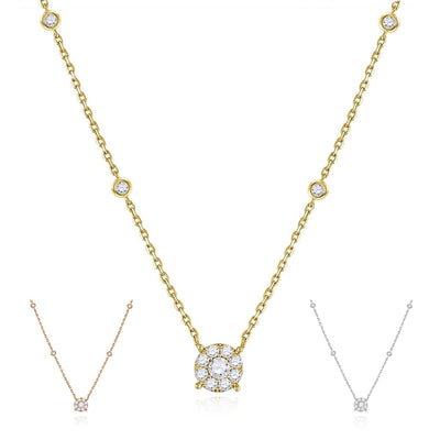 Natural Diamond 10K Gold White Rose By The Yard Halo Necklace (Solid Links) 18" - WJD Exclusives