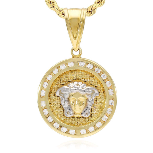 10K Yellow Gold CZ Medusa Head Medallion Charm Pendant 1.77"