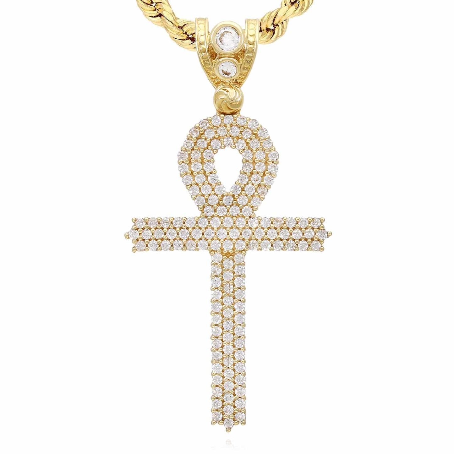 14K Yellow Gold CZ Pave Ankh Cross Pendant 1.8"