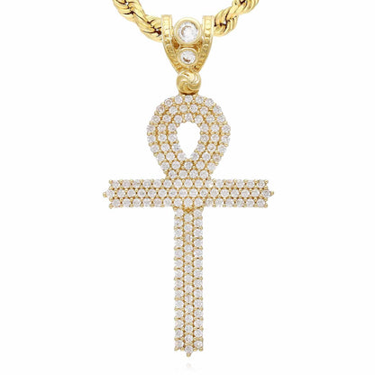 14K Yellow Gold CZ Pave Ankh Cross Pendant 1.8"