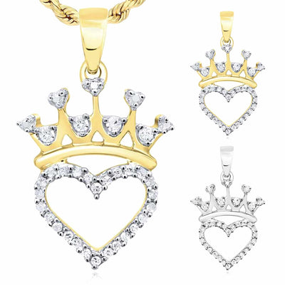 0.10CTW Natural Diamond Yellow White Sterling Silver Crown Heart Pendant 0.8" - WJD Exclusives