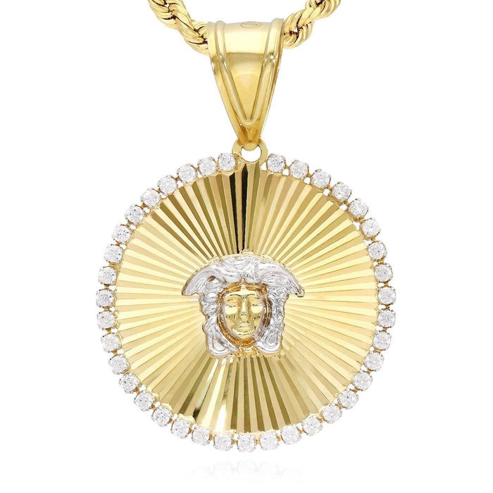 10K Yellow Gold CZ Medusa Head Round Medallion Pendant 1.77"